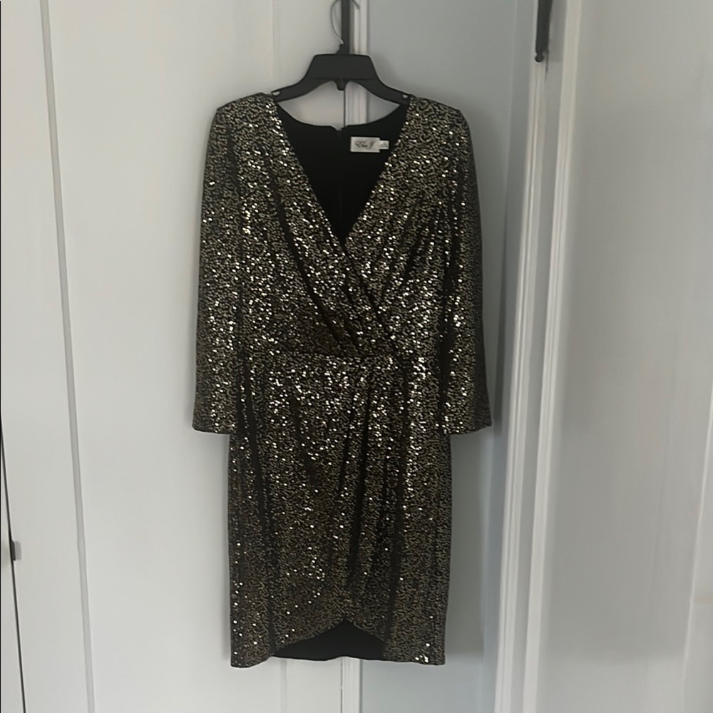 Eliza J Gold Sequin Wrap Dress V-Neck Cocktail